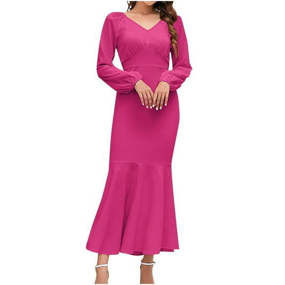 Women's Tea Length Mermaid Dress Solid Color Elegant Casual High Waist Clearance Long Sleeve Spring V Neck Trendy Hot Pink S