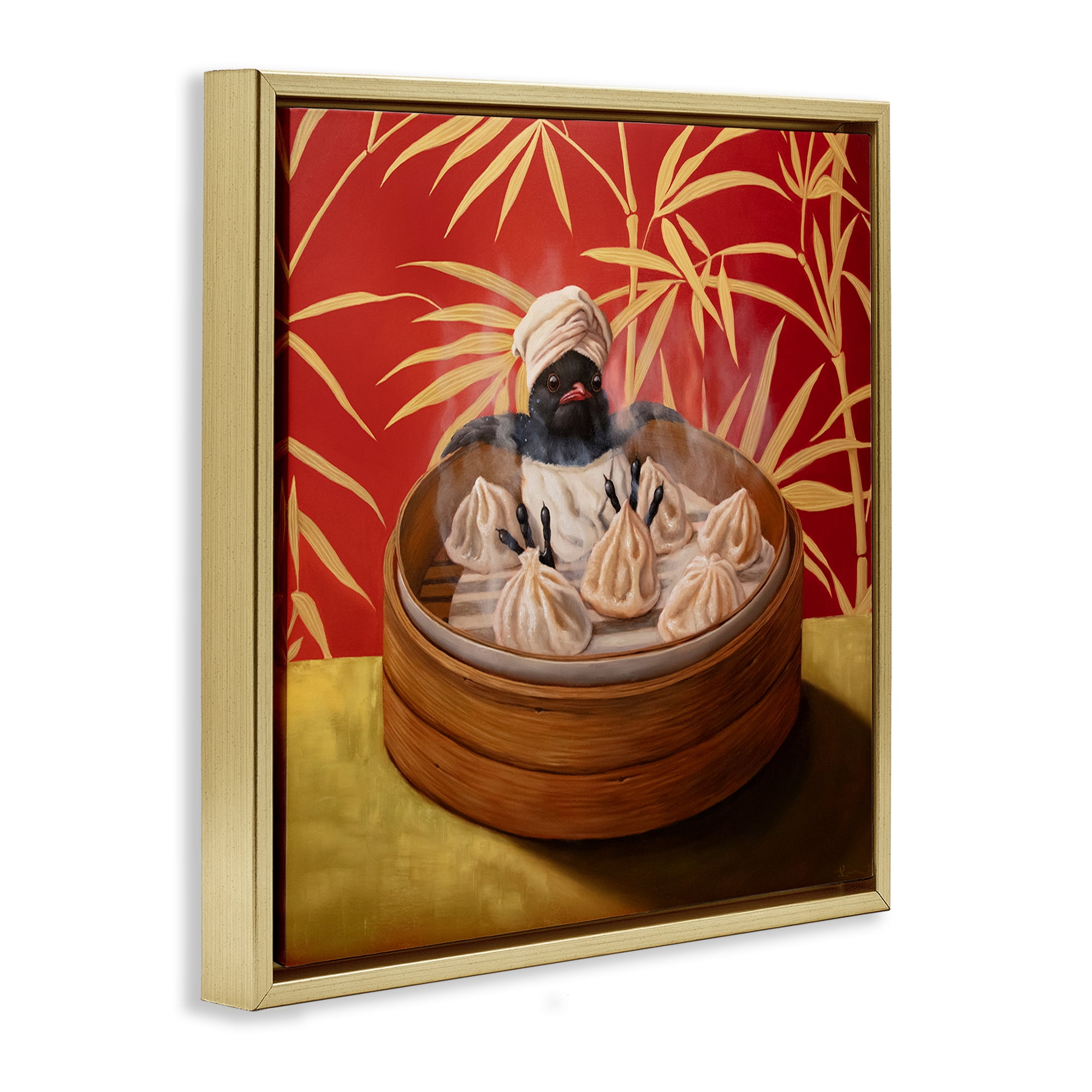Bamboo Steamer Bird Gold Framed Floater Canvas Wall Art, design by Lucia Heffernan