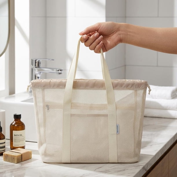 Bolsos de playa de malla, bolso de hombro, ligero, plegable, para juguetes, bolsa de piscina, gran capacidad para artículos esenciales de vacaciones Blanco
