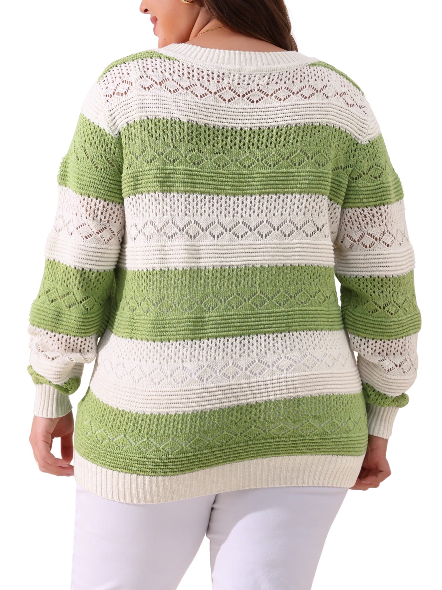 DARING DIVA Plus Size Long Sleeve Crewneck Hollow Knit Pullover 2X Green White
