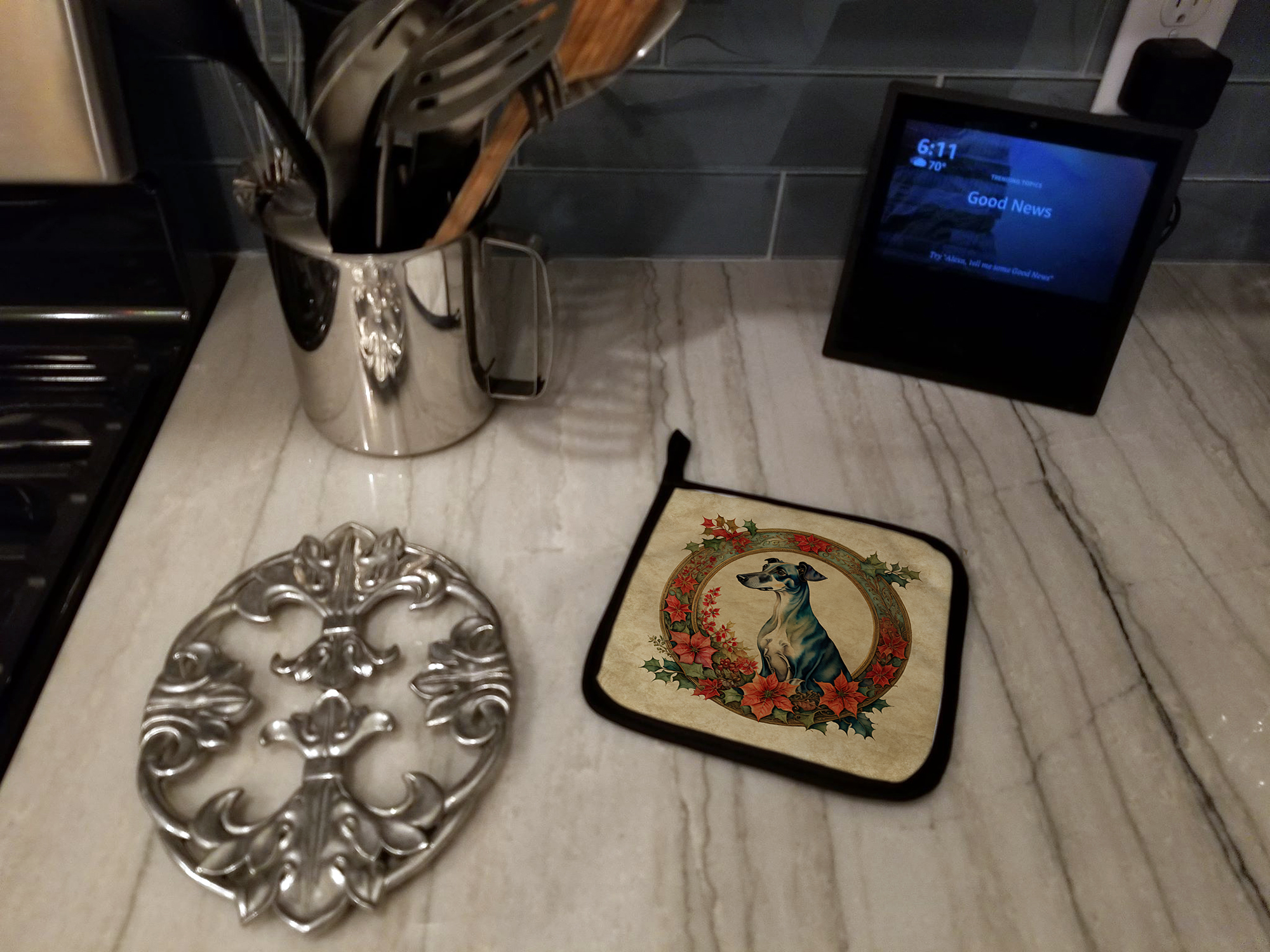 Greyhound Christmas Flowers Pair of Pot Holders 7.5 in x 7.5 in