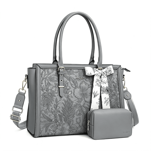 BESTSKY Laptop Bag for Women,17-17.3In Pu Leather Tote Bag Compatible with Macbook,Hp,Dell,Asus Notebook,Front Embossed Retro Hibiscus Computer Bags with Silk Scarf&Clutch Purse,Gray