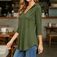 thumbnail image 6 of Women's Plus 3/4 Sleeve Tunic Tops Drawstring Hoodie V Neck Loose Fit Curved Hem Hooded Shirts to Wear with Leggings Fall Casual Outfits, Army Green, L, 6 of 10