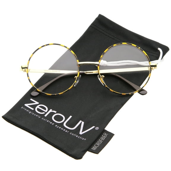 zeroUV Unisex Retro Lennon Style Mid Size Metal Frame Clear Lens Round Glasses 51mm (Tortoise-Gold / Clear) - 51mm