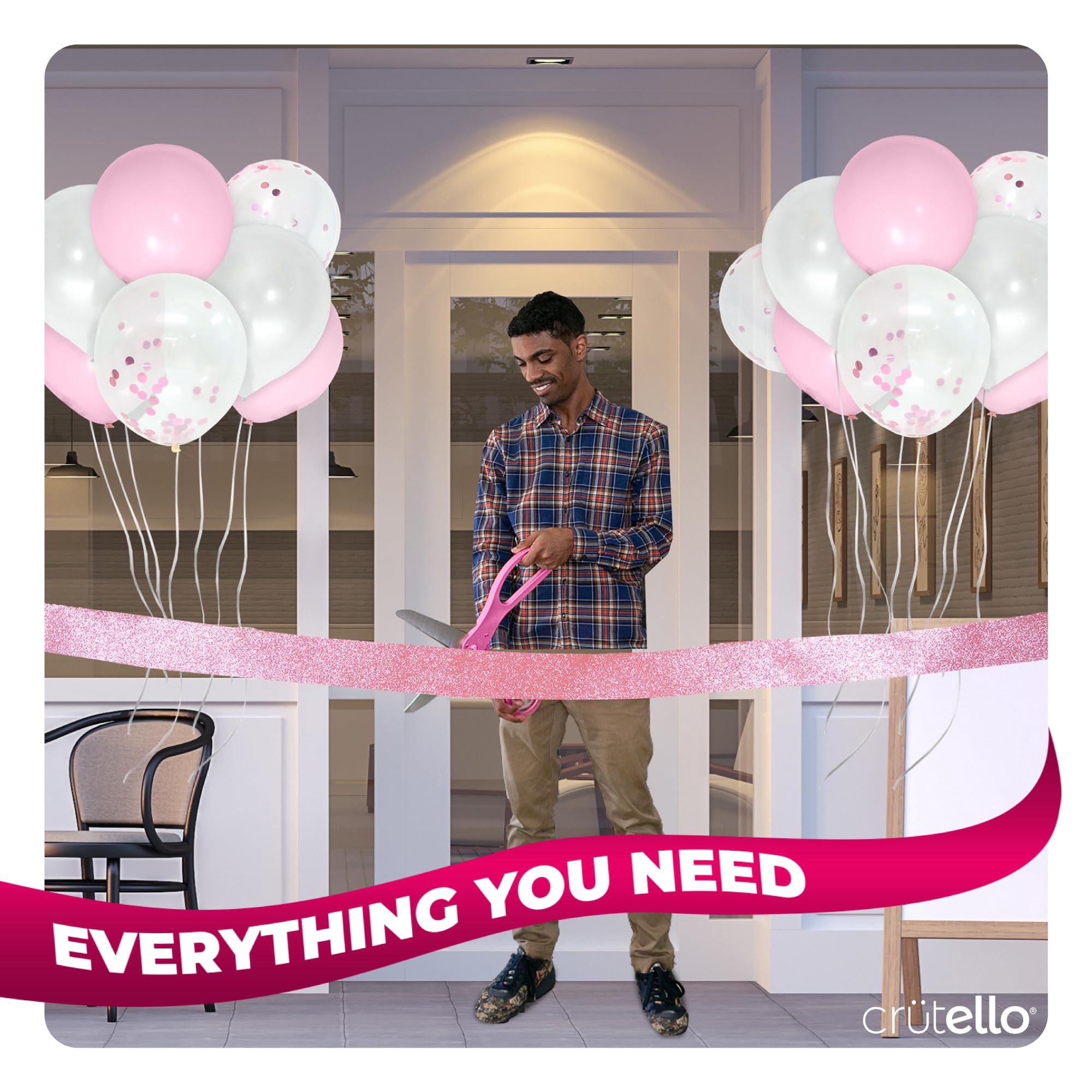 Crutello Ribbon Cutting Ceremony Kit - 20"Giant Scissors with Pink Handle, 30ft Sparkle Giant Pink Ribbon 4"Wide, 24 Balloons & 90ft Balloon Band for Grand Opening Decorations