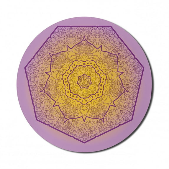 Mandala Mouse Pad for Computers, Oriental Heptagon with Floral Elements and Curlicues Ombre Effect, Round Non-Slip Thick Rubber Modern Gaming Mousepad, 8" Round, Earth Yellow Lavender, by Ambesonne
