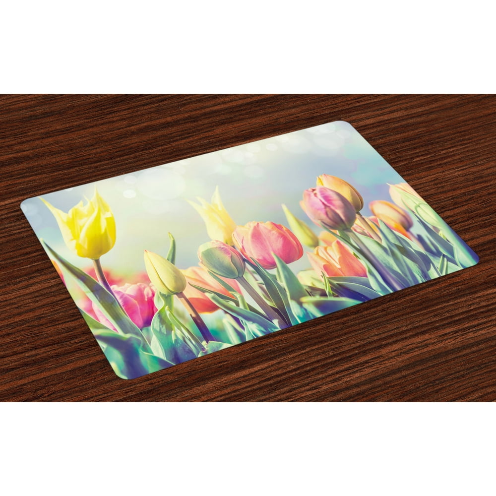 Pastel Placemats Set of 4 Tulips Flower Bed in Park Serene Landscape Happiness Fresh Spring