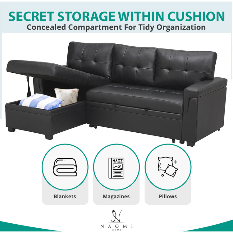 78 in. W Convertible Sleeper Sectional Sofa, L Shaped Couch for Small Space Living Room, Storage Chaise, L Shaped Pull Out Sofa - Black,Air Leather