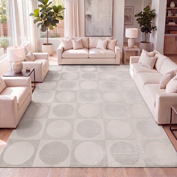 JONATHAN Y SANDSTONE 5 x 8 Area Rug, Helena Circles In Squares - White/Cream, SND104B-5