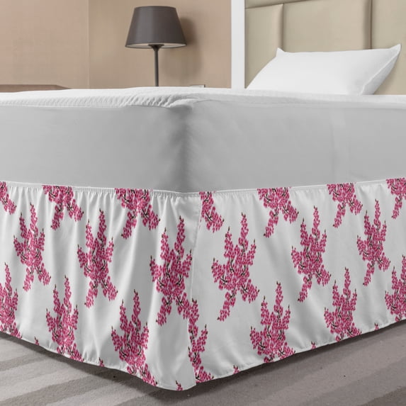 Floral Bed Skirt, Flowers and Cherry Buds Motifs on Sakura Trees Japanese Plants Spring Design, Elastic Bedskirt Dust Ruffle Wrap Around for Bedding Decor, 4 Sizes, Pink Taupe White, by Ambesonne