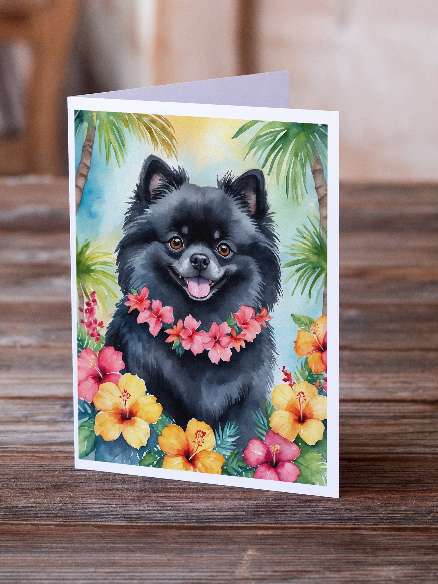Pomeranian Luau Greeting Cards Pack of 8 7 in x 5 in