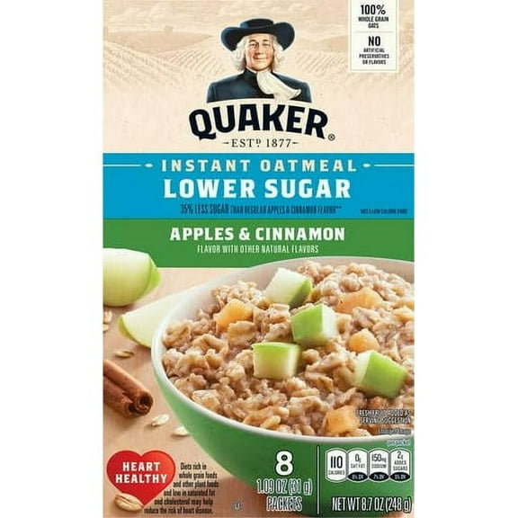 Quaker Instant Oatmeal Apple Cinnamon, Lower Sugar, 8 Count