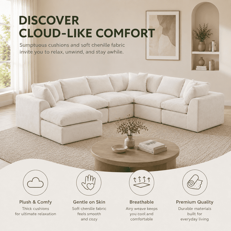 Oversized U-Shaped Sectional Sofa with Ottoman, 7-Seater Modular Chenille Cloud Couch, Deep Seat Frameless Sofa for Living Room, Apartment, Office