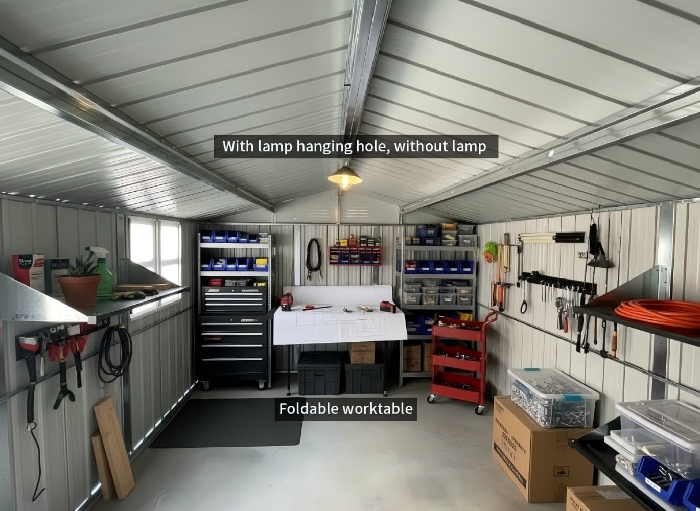 12ft x 10ft Metal Outdoor Storage Garden Tool Shed Workshop with Foldable Worktable, Shelves, Window, Hanging Lamp Hook & Apex Roof for Backyard Garden Patio, White+Black