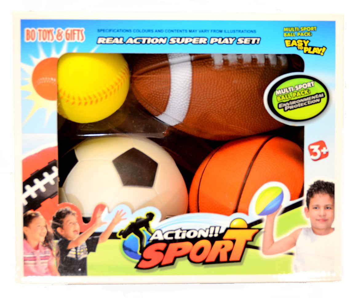 Set of 4 Inflatable Sports Balls Soccer Football Basketball Baseball w/Pump 