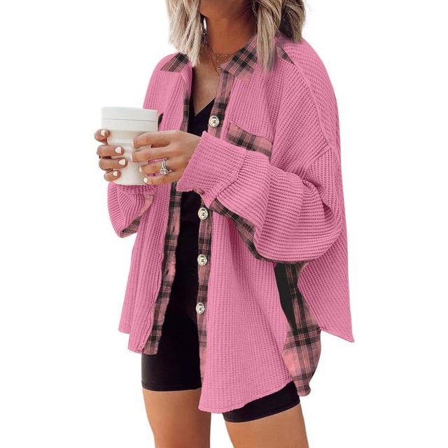 Womens Waffle Knit Plaid Shacket Boyfriend Button Down Shirt Jacket Loose Long Sleeve Tops