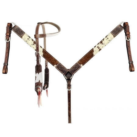 Showman Average Full Size Horse Leather Single Ear Headstall and Breast Collar Set Brown White