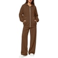 thumbnail image 5 of Women's Sweatsuit 2 Piece Outfit Long Sleeve Full Zip Hooded Jacket with Drawstring Wide Leg Pants Relaxed Fit Casual Lounge Wear Tracksuit Set for Fall Winter Daily Brown XL, 5 of 6