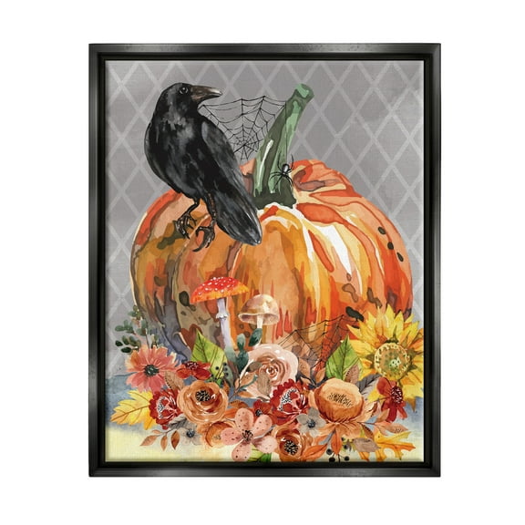 Stupell Industries Autumn Crow Pumpkin Botanicals Holiday Painting Black Floater Framed Art Print Wall Art