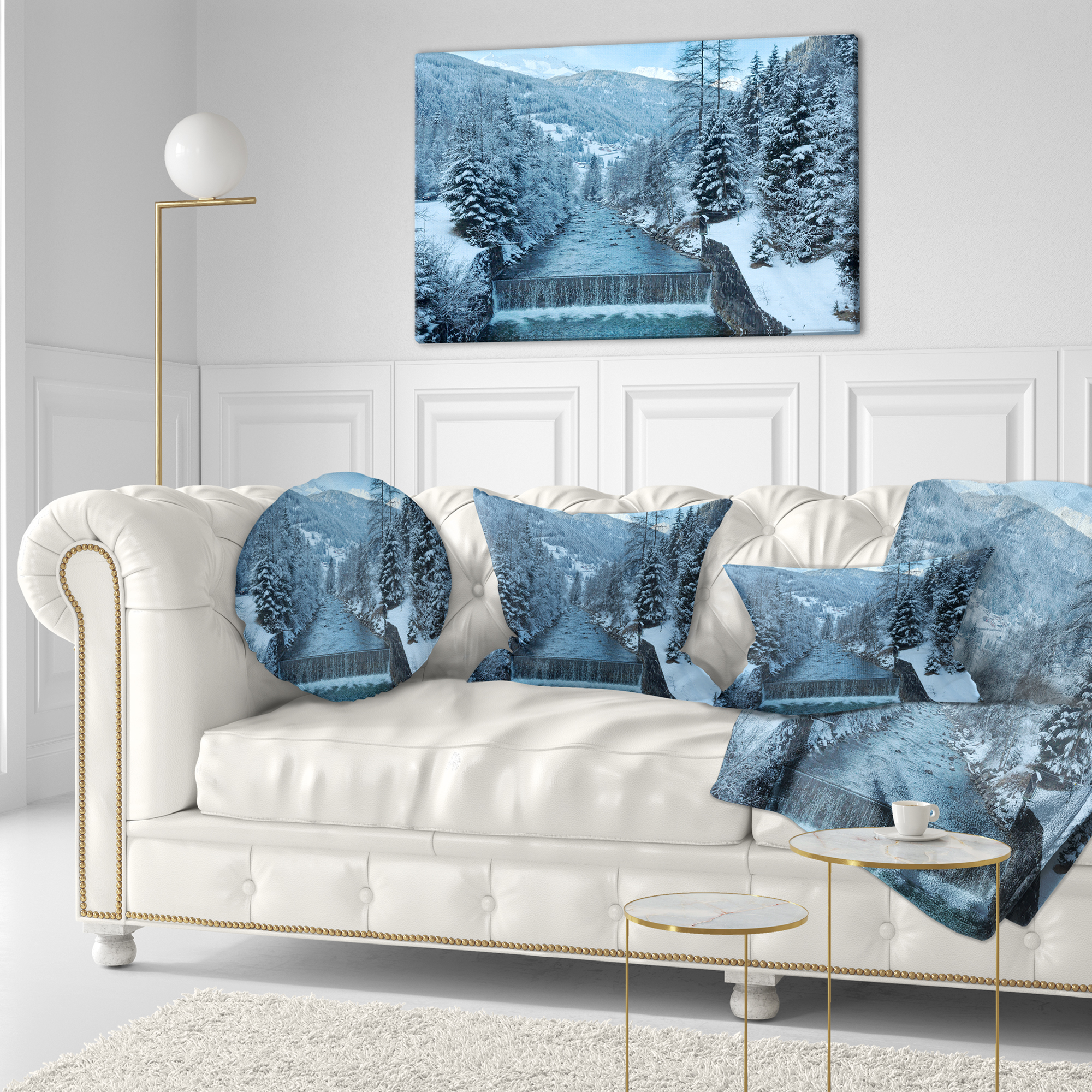 Designart Winter Mountain Stream - Landscape Photography Throw Pillow - 12x20