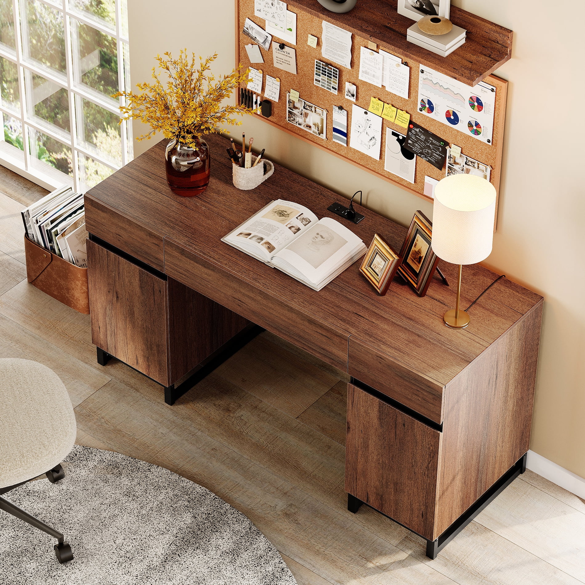 WAMPAT Office Furniture Set: 59" Executive Desk with Charging Station and Storage Cabinet, Four 72" Tall Bookcases, Modern Computer Desk and Library Shelf for Work Study, Brown