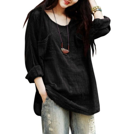 Plus Size Women Ladies Long Sleeves T Shirt Casual Loose Cotton Linen Top Blouse