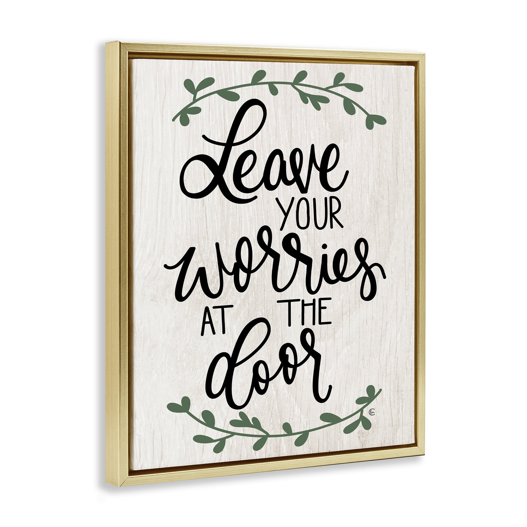 Stupell Industries Worries at Door Family Greeting Typography Painting Gold Floater Framed Canvas Art Print Wall Art, 17 x 21