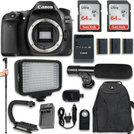 Canon EOS 80D DSLR Camera (Body Only) + 120 LED Video Light + Large Monopod + 128GB Memory + Shotgun Microphone + Camera & Flash Grip Handle