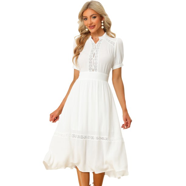 Vestido midi fluido de cintura alta con cuello en V y encaje de