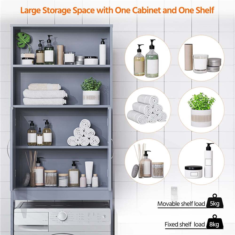 Alden Design Wooden Over Toilet Storage Cabinet with Shelves for Bathroom, Gray