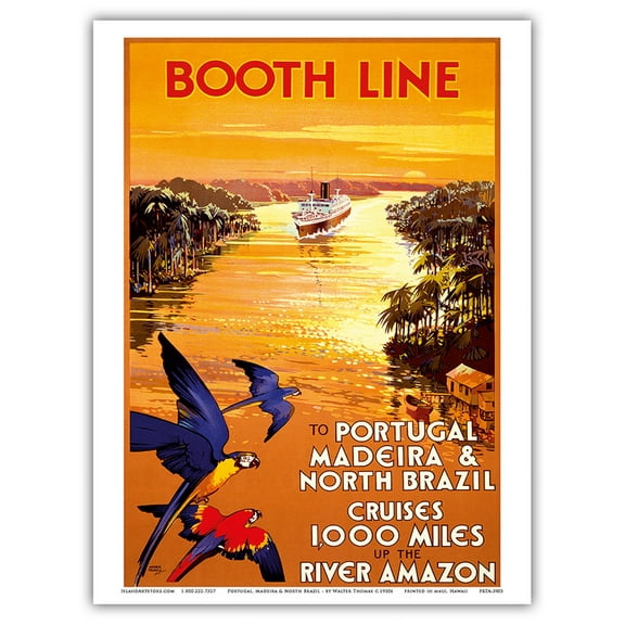 Portugal - North Brazil - Booth Line - Cruises 1,000 Miles Up the River Amazon - Vintage Ocean Liner Travel Poster by Walter Thomas c.1930s - Master Art Print (Unframed) 9in x 12in
