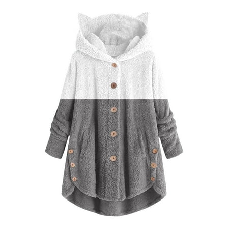 

Christmas Thanksgiving Special Offers Women Button Plush Tops Hooded Loose Cardigan Solid Color Patchwork Coat Jacket