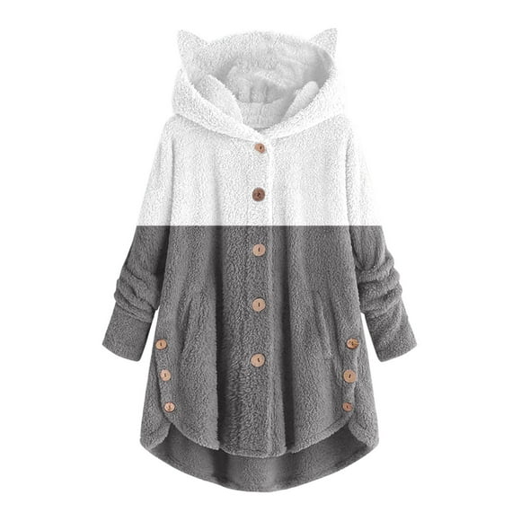 Clearance! Prime On Sale! Women Button Plush Tops Hooded Loose Cardigan Solid Color Patchwork Coat Jacket