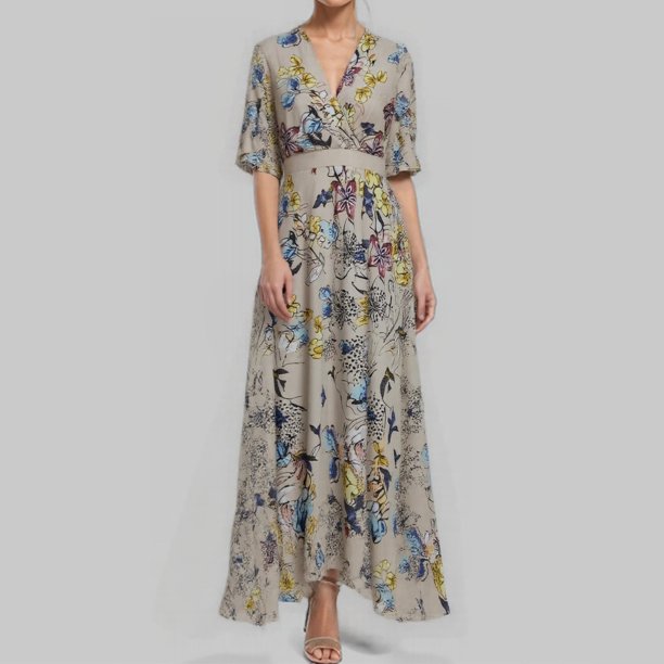 WILLBEST Vestido De Verano Para Mujer, Estampado Floral, Cuello En V, Maxivestido Informal De Verano Para Playa, Vacaciones, Bohemio, Vestido Largo Con Cómodo Y Transpirable. En La Cintura Para Viajar