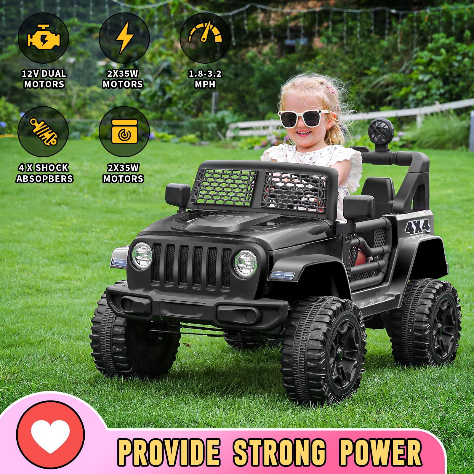 Funcid 12V 7AH Kids Powered Ride on Truck Car with Parent Remote Control, Bluetooth Music, Spring Suspension, LED Lights - Black