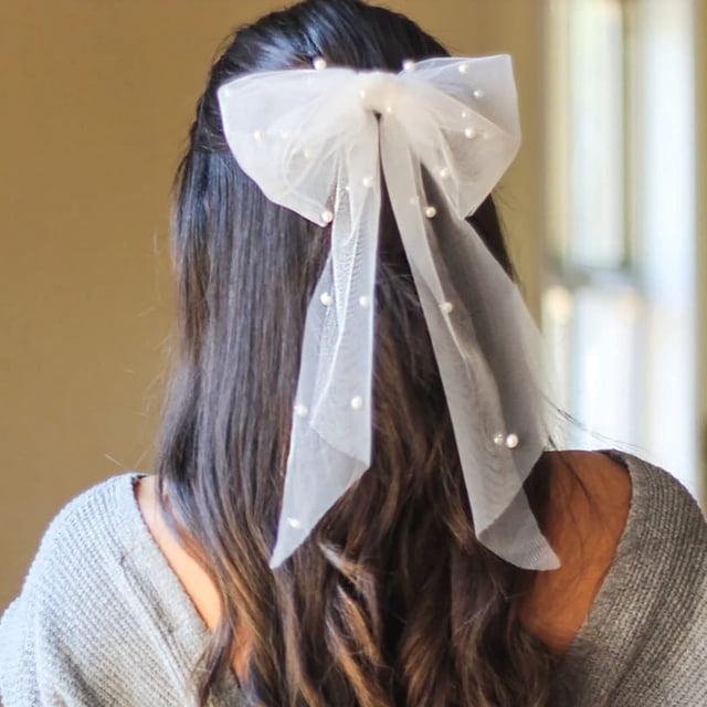 Jeairts Lazo para el pelo de novia, velo de perlas, pieza para el pelo de boda, lazo de tul blanco con clip, accesorios para el cabello para despedida de soltera para mujeres y niñas