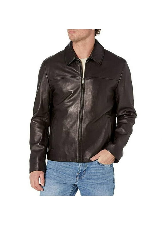 Men's Smooth Genuine Leather Collar Jacket (Black, M)