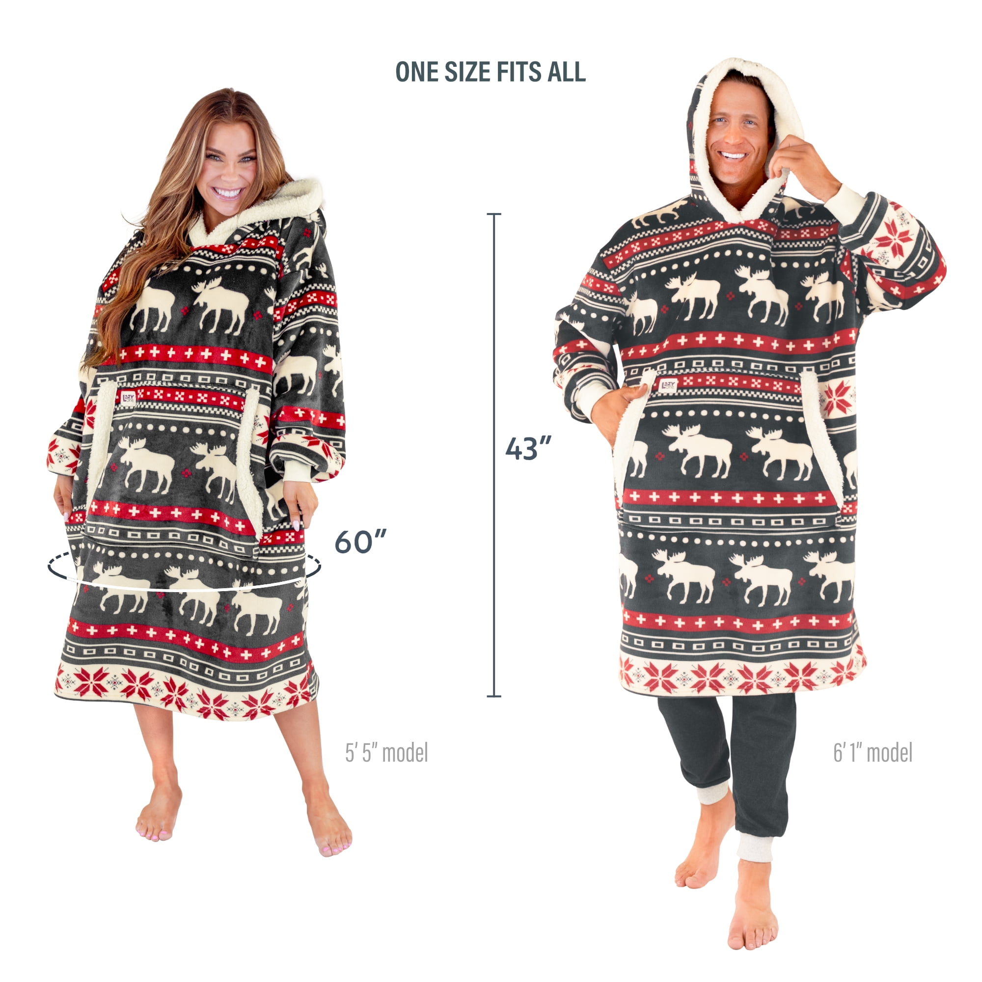 Lazy One Oversized Blanket Hoodie, Comfortable Sleepwear, Oversized Hoodies for Women and Men, One Size Fits All Wearable Blankets (Cabin Fair Isle)