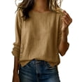 thumbnail image 2 of Delayuji Women's Cotton Linen Shirt Round Neck Long Sleeve Shirt with Button Fashion Solid Color Loose Summer Tops Business Casual Outfits, 2 of 5