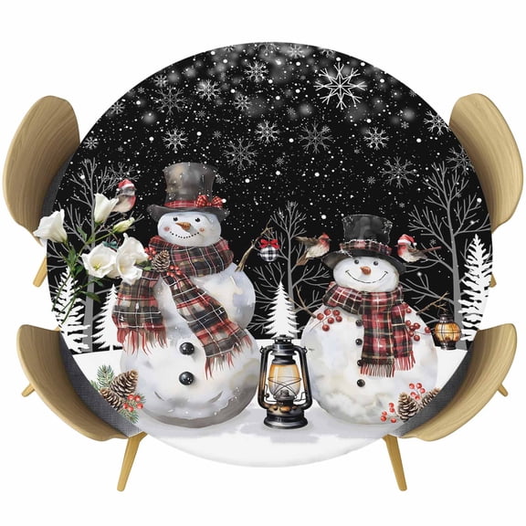 Black Christmas Round Tablecloth, Fitted Table Cover with Elastic for 36"-44" Round Tables, Snowman Snowflake Winter Birds Table Cloth Outdoor Indoor Dinning Party Waterproof Tablecloths