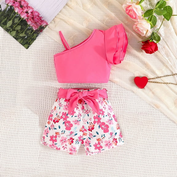 Edvintorg 6M-3Y Baby Girls Summer Clothes New Solid Color Camisole Short Top   Floral Print Shorts Belt Three-Piece Suit Children Costume Girls