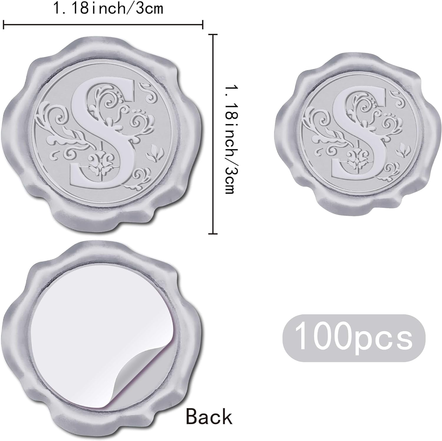 100pcs Initial S Wax Seal Stickers Silver Letter Alphabet Self Adhesive Seal Stickers Sealing Label Decal for Gift Wrapping Wedding Birthday Cards Making Christmas Invitations Envelope Silver