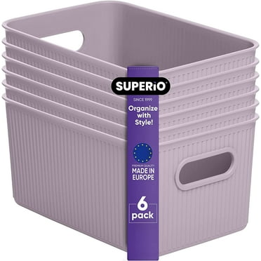 Superio Ribbed Plastic Storage Basket Organizer (6 Pack), Stackable Classic Closet Storage Bin for Shelf, Desk, Pantry- Store Toys, Clothes, Cosmetics, Stationary (Lilac, 5 Liter)