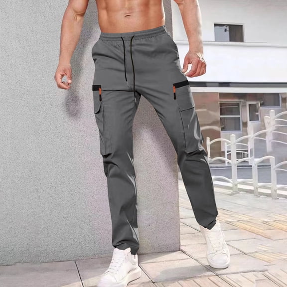 Yaoyar Mens Cargo Pants with Drawstring Elastic Waistband Multiple Pockets Casual Outdoor Hiking Solid Color Casual Elastic Waistband Drawstring Pocket Workwear Pants