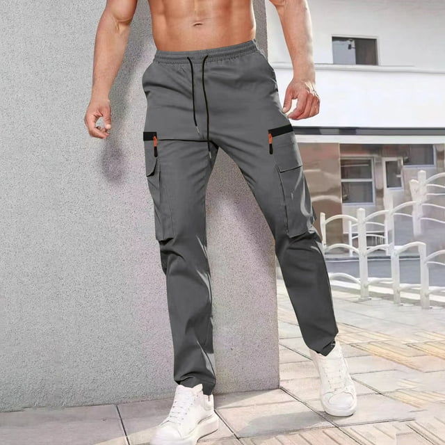 LOVZFMLL Cargo Pants for Men's Solid Color Casual Elastic Waistband Drawstring Pocket Workwear Pants