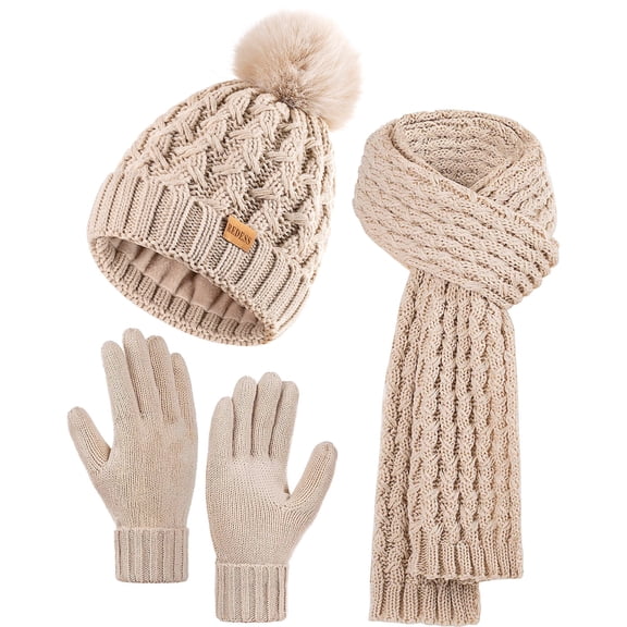 REDESS Winter Women’s Beanie Hat Scarf Gloves Set, Fleece Lined Winter Hat with Pom Pom,Oat