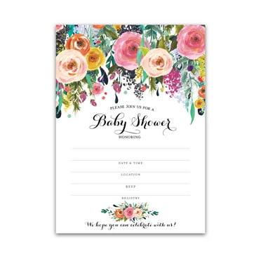 FLORAL Baby Shower INVITATIONS — Pack of 25 — Garden Baby Shower Blank Fill-in INVITES Flowers, Chic Unique Baby Girl Invites Garden Baby Shower Invites SKU I100-INV1