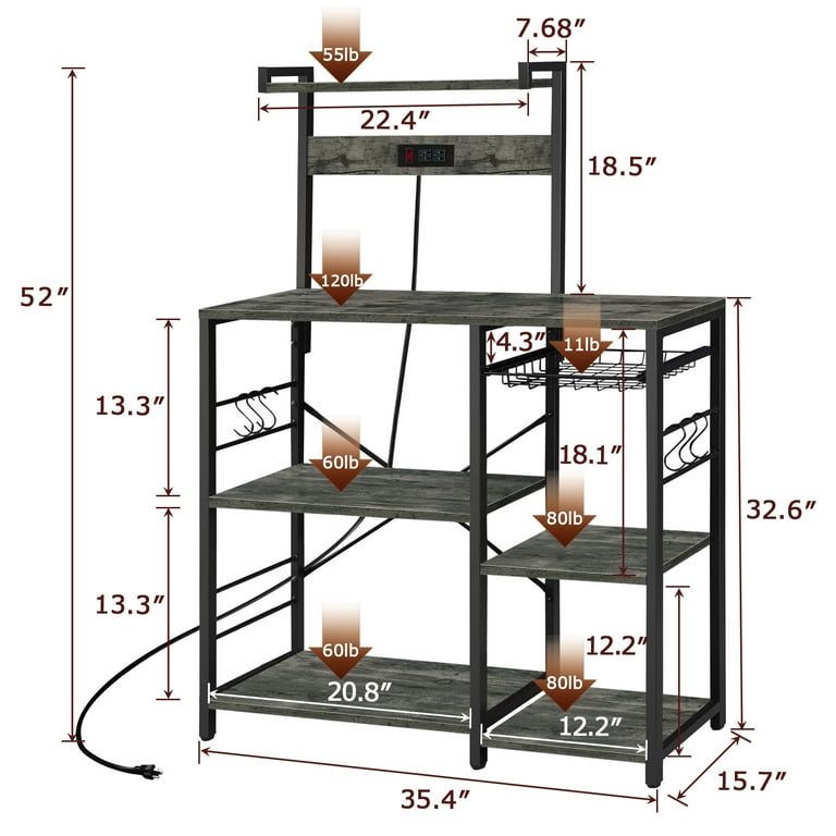 SUPERJARE Bakers Rack with Power Outlets, 65H Coffee Bar, 5-Tier Microwave  Stand with Storage, Coffee Station, Kitchen Rack with 6 S-Hooks, Kitchen