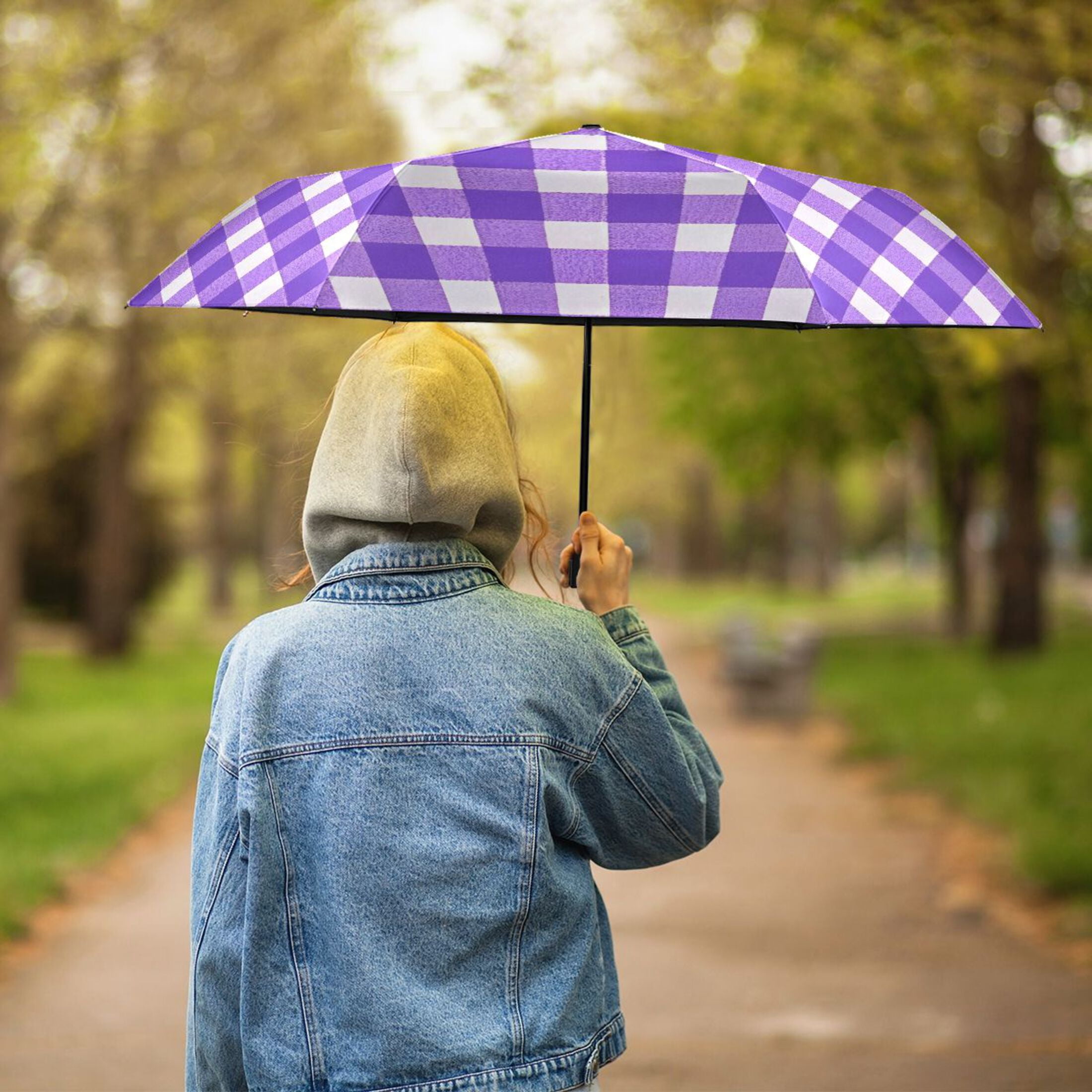 ALAZA Purple Checkered Grid UPF 50+ Compact Folding Umbrella for Rain Travel Umbrella Packable