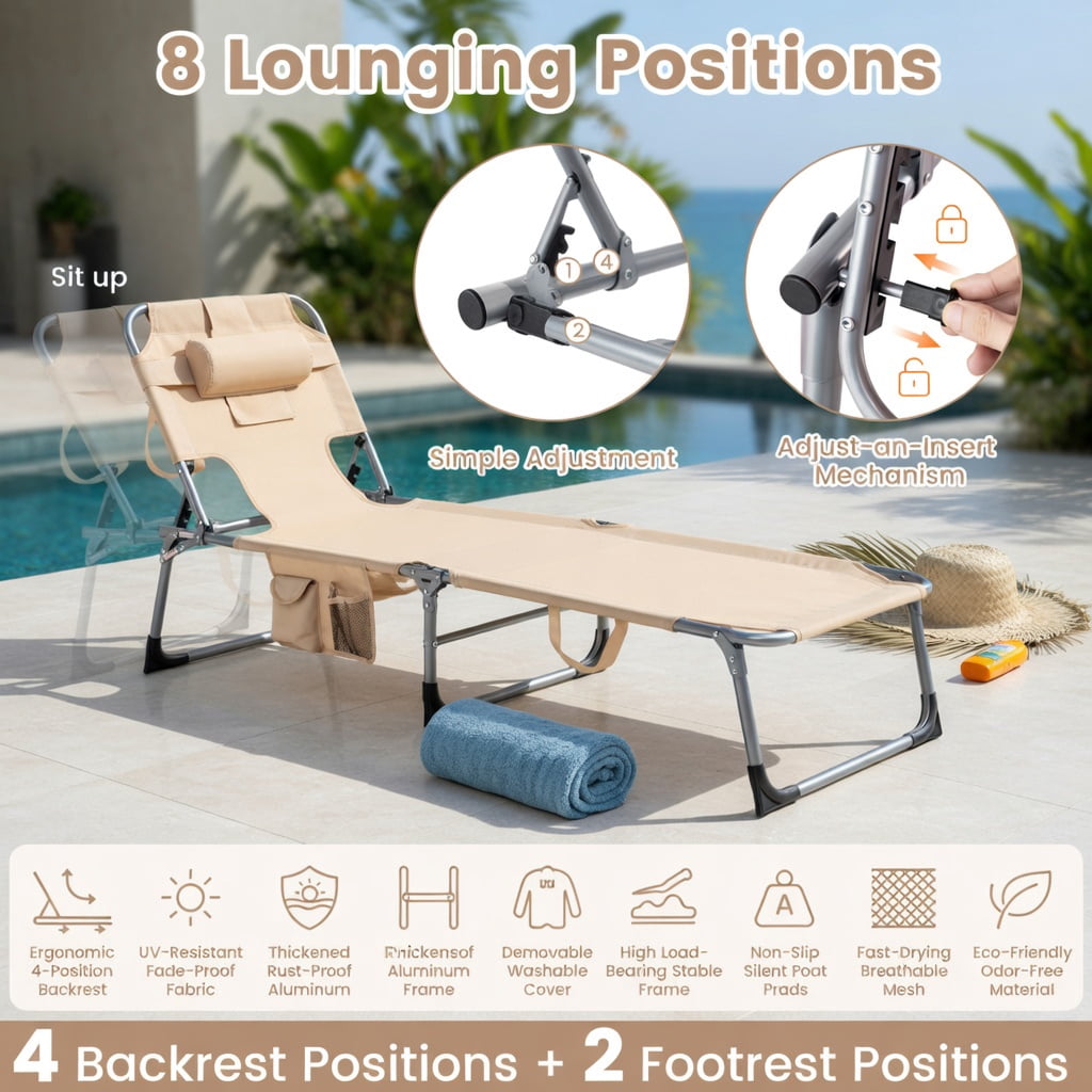 Hommoo Adjustable Folding Beach Lounge Chair with Removable Pillow, Lightweight Aluminum Frame, Portable for Beach, Pool & Patio, Brown